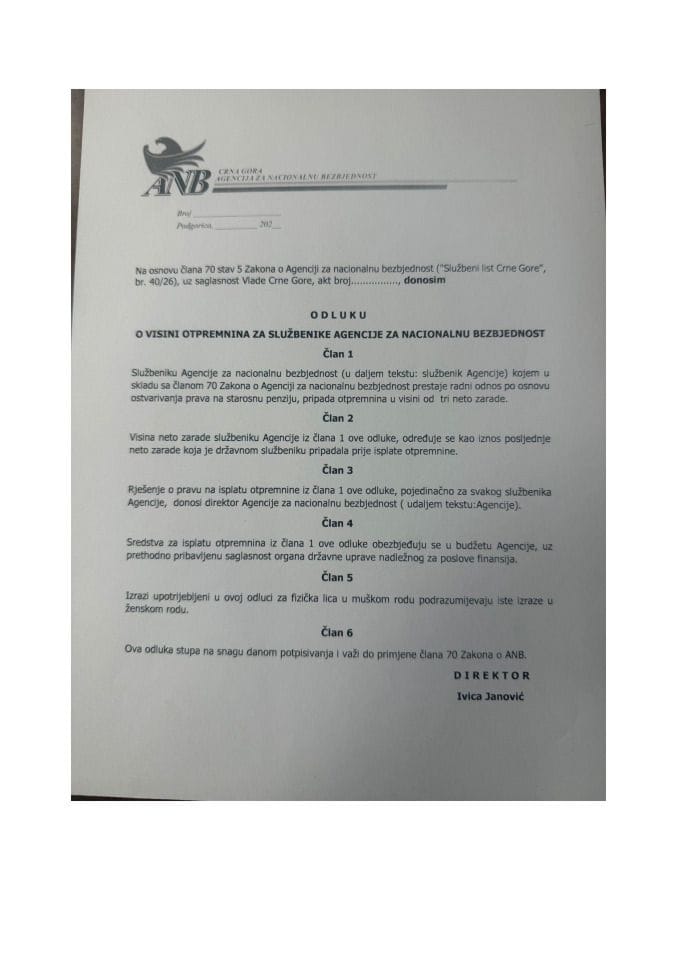 Predlog odluke o visini otpremnina za službenike Agencije za nacionalnu bezbjednost