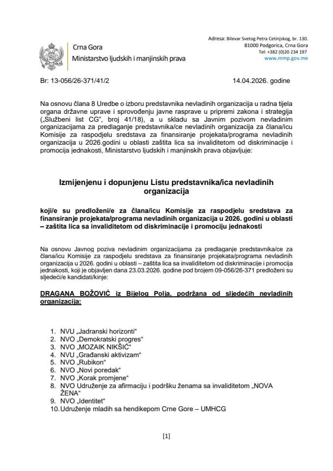 Izmjenjena i dopunjena lista predstavnika/ica NVO koji/e su predloženi/e za člana/icu Komisije za raspodjelu sredstava za finansiranje projekata/programa NVO u 2026.-Oblast OSI