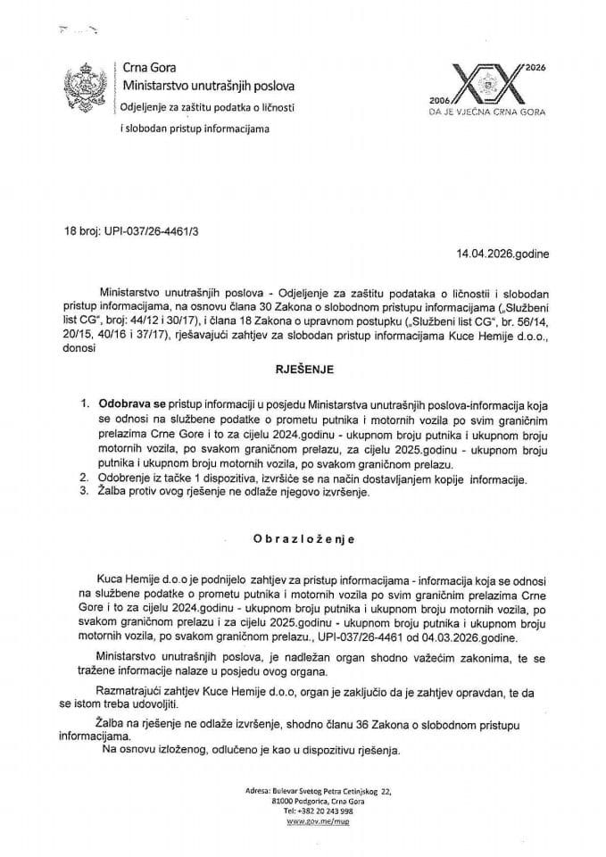 рјешење бр. 18-УПИ-037/26-4461/3