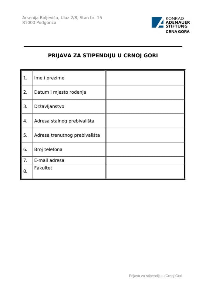 ПРИЈАВНИ ФОРМУЛАР за КАС стипендију 2026-27. доц