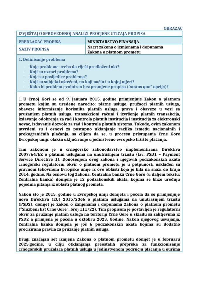 Извјештај о спроведеној анализи процјене утицаја прописа (РИА)