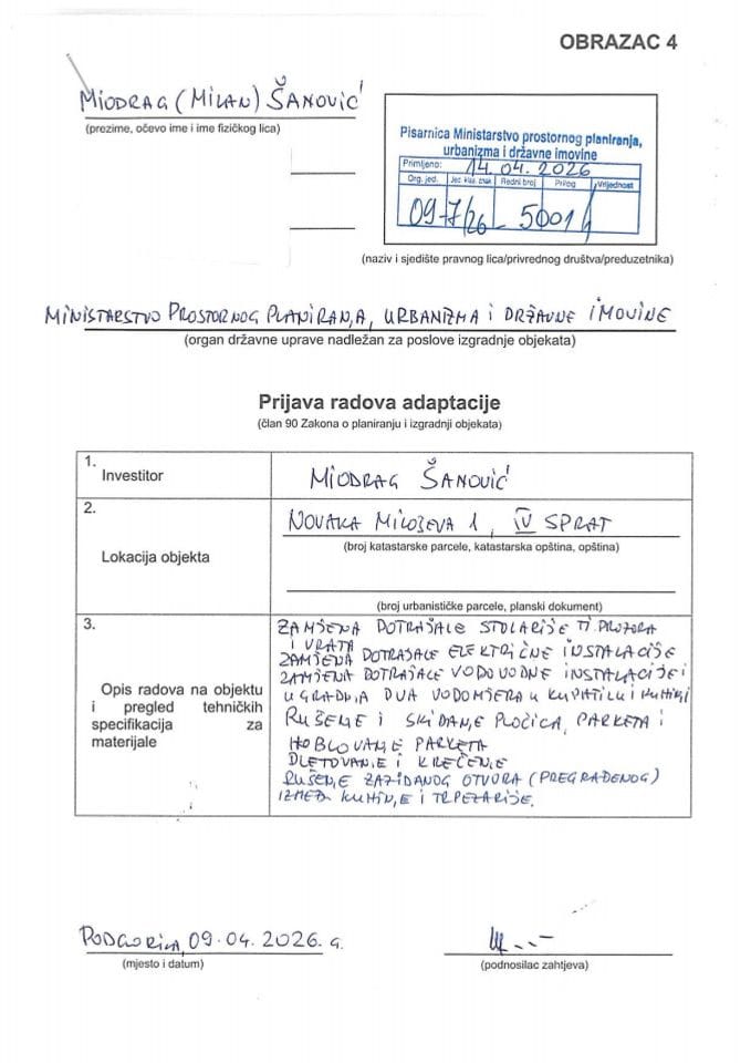 Prijava radova adaptacije - 09-7-26-5001-1 MIODRAG ŠAKOVIĆ