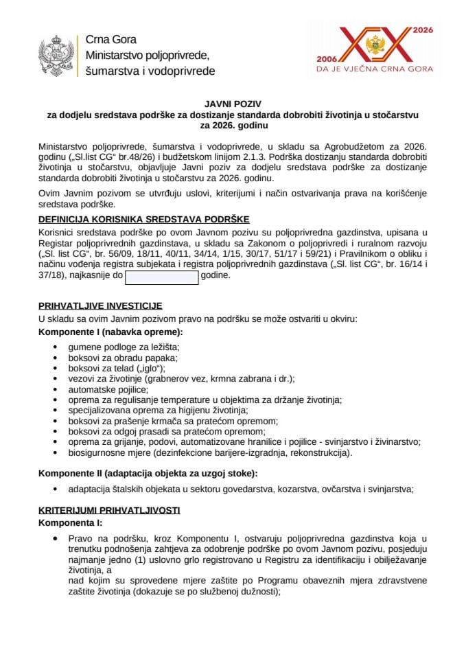 Javni poziv za dodjelu sredstava podrške za dostizanje standarda dobrobiti životinja u stočarstvu  za 2026. godinu