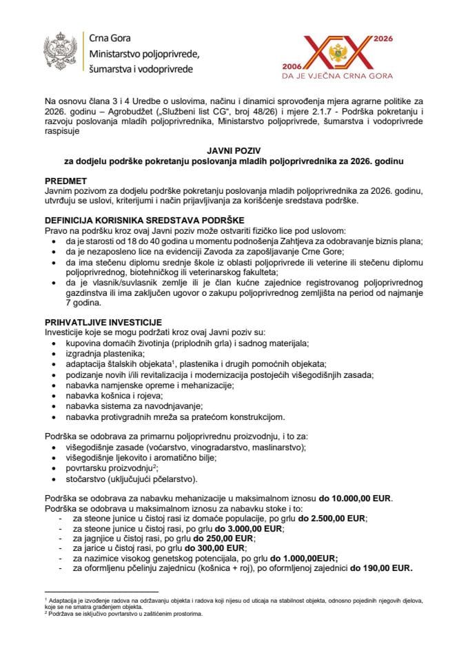 Javni poziv za dodjelu podrske pokretanju poslovanja mladih poljoprivrednika za 2026. godinu