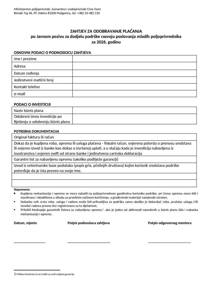 4. Zahtjev za odobravanje plaćanja za Javni poziv za dodjelu podrške razvoju poslovanja mladih poljoprivrednika za 2026. godinu