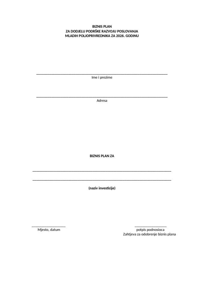 3. Biznis plan za dodjelu podrške razvoju poslovanja mladih poljoprivrednika za 2026. godinu