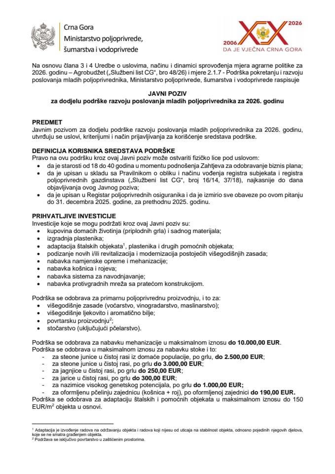 1. Javni poziv za dodjelu podrške razvoju poslovanja mladih poljoprivrednika za 2026. godinu