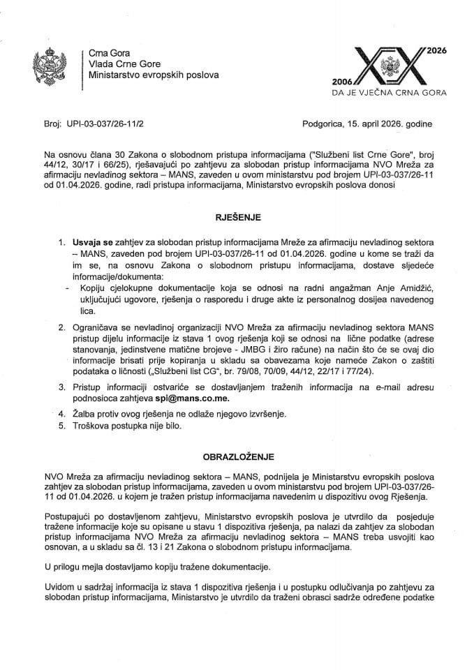 Zahtjev za slobodan pristup informacijama NVO MANS Rješenje UPI 03-037-26-11-2 radni angažman Anje Amidžić