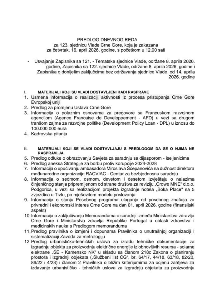 Predlog dnevnog reda za 123. sjednicu Vlade Crne Gore