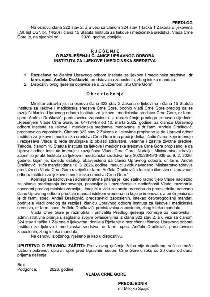 Predlog za razrješenje članice Upravnog odbora Instituta za ljekove i medicinska sredstva