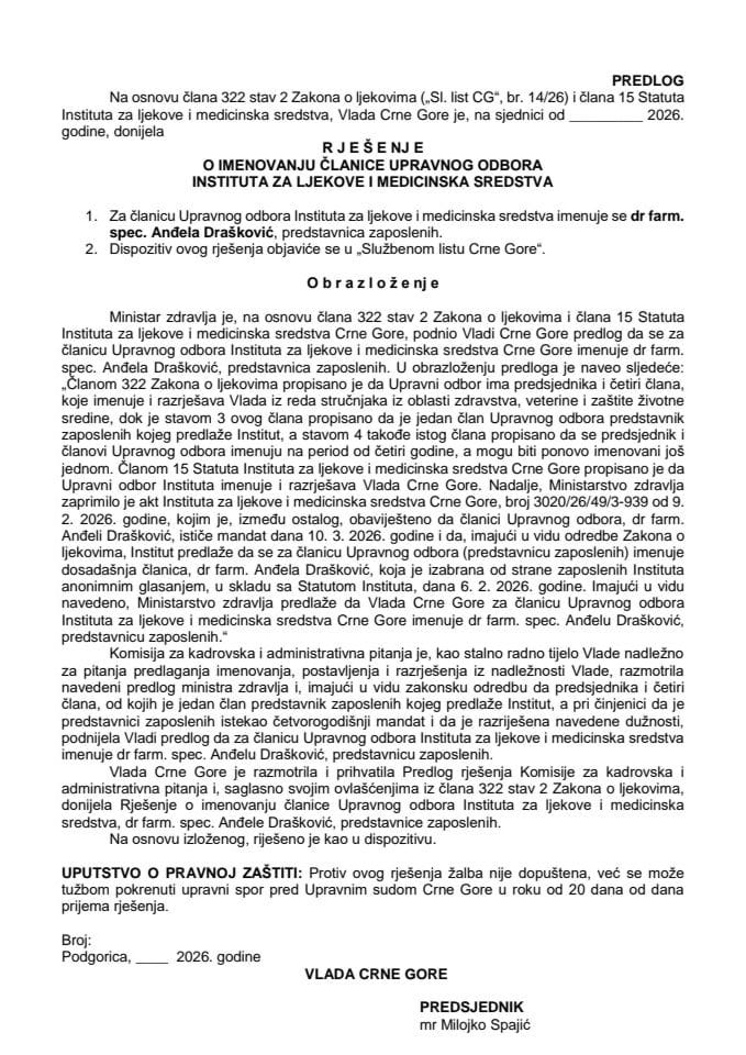 Predlog za imenovanje članice Upravnog odbora Instituta za ljekove i medicinska sredstva