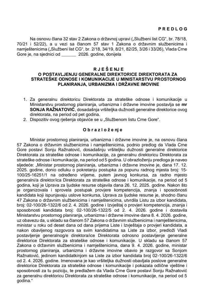 Predlog za postavljenje generalne direktorice Direktorata za strateške odnose i komunikacije u Ministarstvu prostornog planiranja, urbanizma i državne imovine