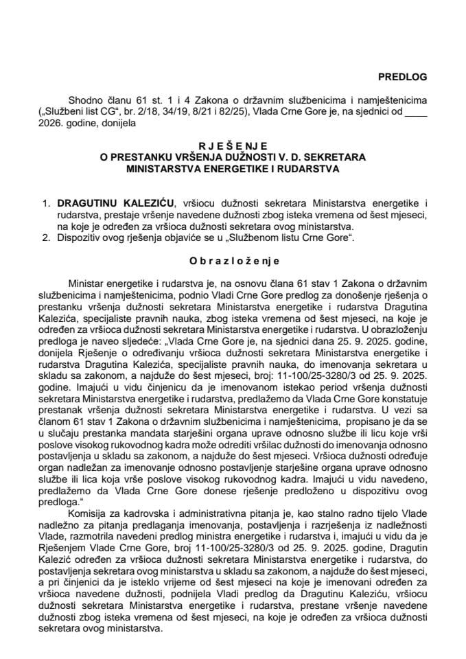 Predlog za prestanak vršenja dužnosti v. d. sekretara Ministarstva energetike i rudarstva
