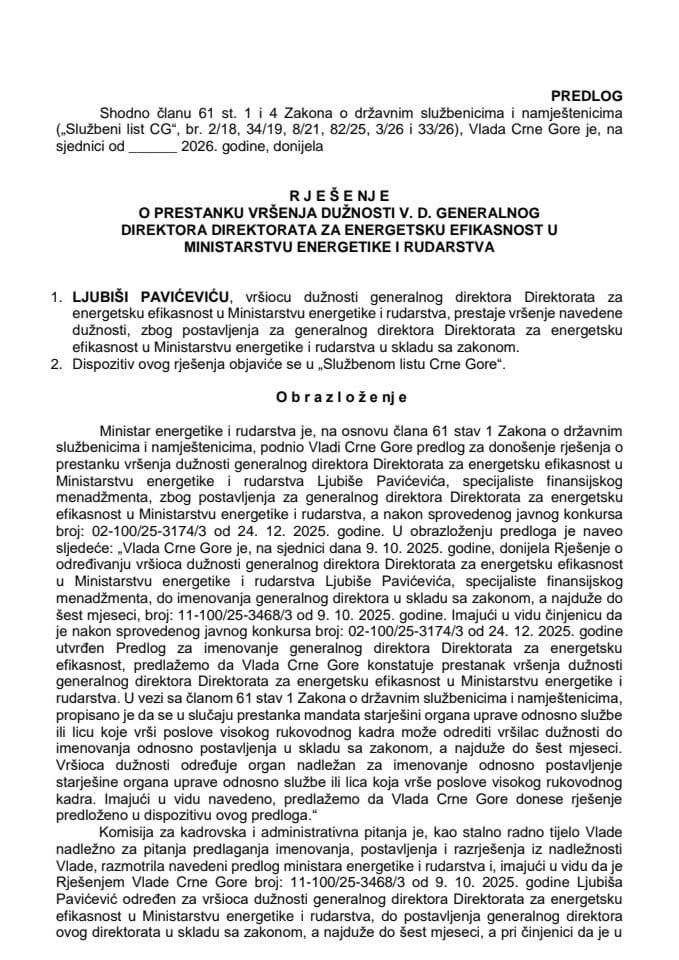 Predlog za prestanak vršenja dužnosti v. d. generalnog direktora Direktorata za energetsku efikasnost u Ministarstvu energetike i rudarstva