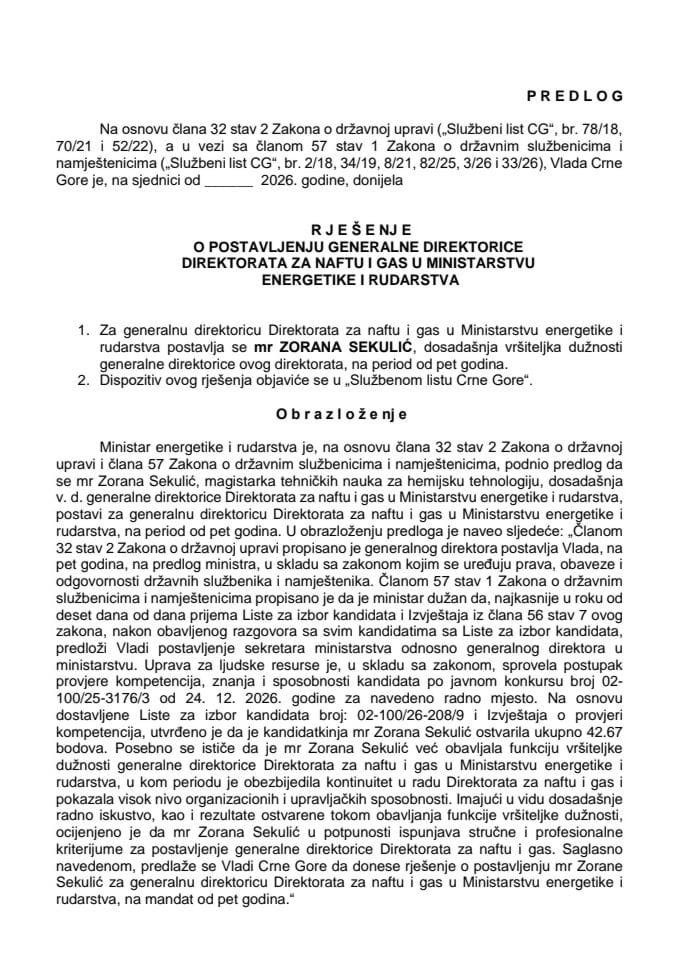 Predlog za postavljenje generalne direktorice Direktorata za naftu i gas u Ministarstvu energetike i rudarstva