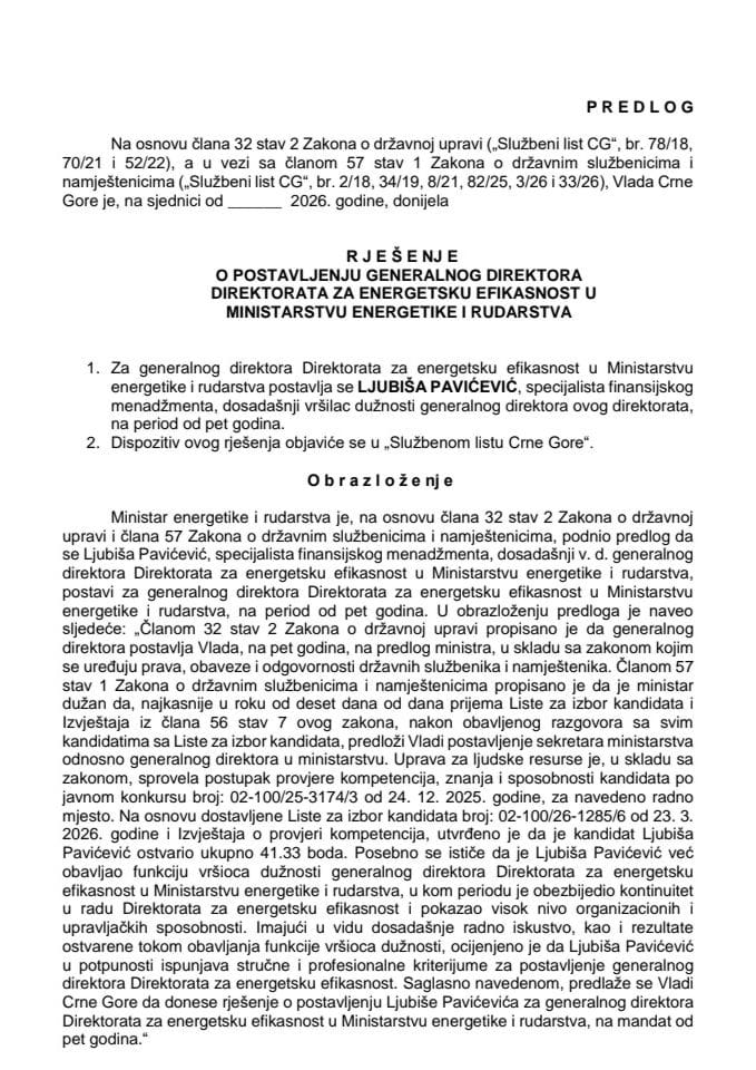 Predlog za postavljenje generalnog direktora Direktorata za energetsku efikasnost u Ministarstvu energetike i rudarstva
