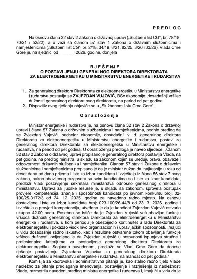 Predlog za postavljenje generalnog direktora Direktorata za elektroenergetiku u Ministarstvu energetike i rudarstva