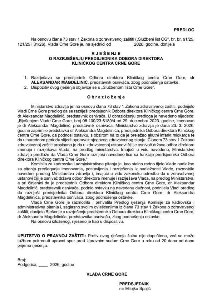 Predlog za razrješenje predsjednika Odbora direktora Kliničkog centra Crne Gore