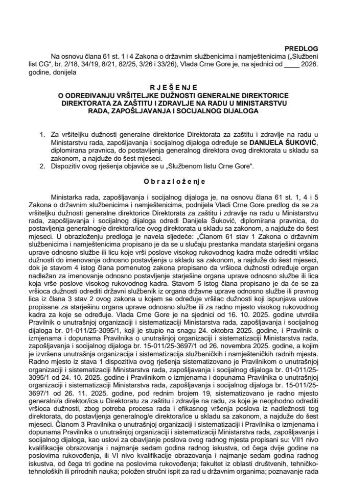 Predlog za određivanje vršiteljke dužnosti generalne direktorice Direktorata za zaštitu i zdravlje na radu u Ministarstvu rada, zapošljavanja i socijalnog dijaloga