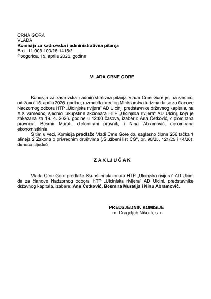 Predlog za izbor članova Nadzornog odbora HTP „Ulcinjska rivijera“ AD Ulcinj