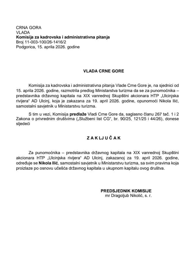 Predlog za određivanje punomoćnika-predstavnika državnog kapitala na XIX vanrednoj Skupštini akcionara HTP „Ulcinjska rivijera“ AD Ulcinj