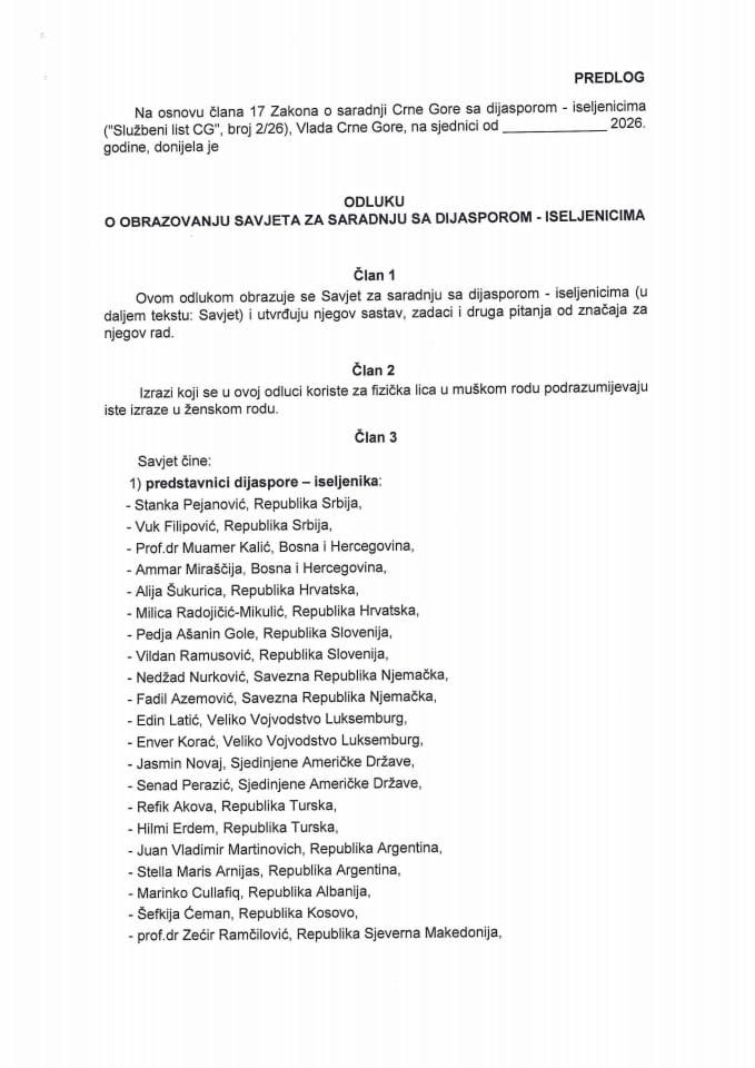 Predlog odluke o obrazovanju Savjeta za saradnju sa dijasporom - iseljenicima