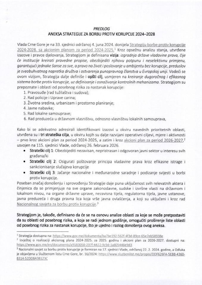 Predlog aneksa Strategije za borbu protiv korupcije 2024-2028