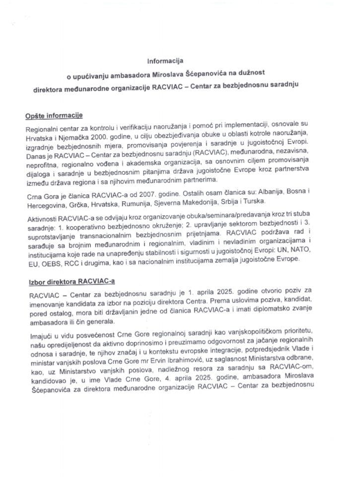 Informacija o upućivanju ambasadora Miroslava Šćepanovića na dužnost direktora međunarodne organizacije RACVIAC - Centar za bezbjednosnu saradnju