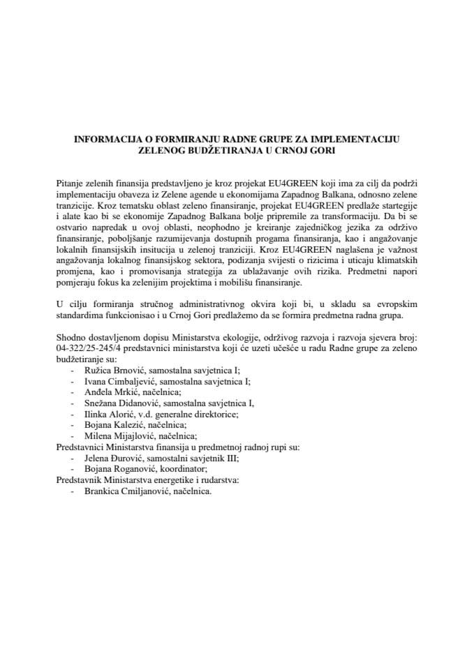 Informacija o formiranju radne grupe za implementaciju zelenog budžetiranja u Crnoj Gori