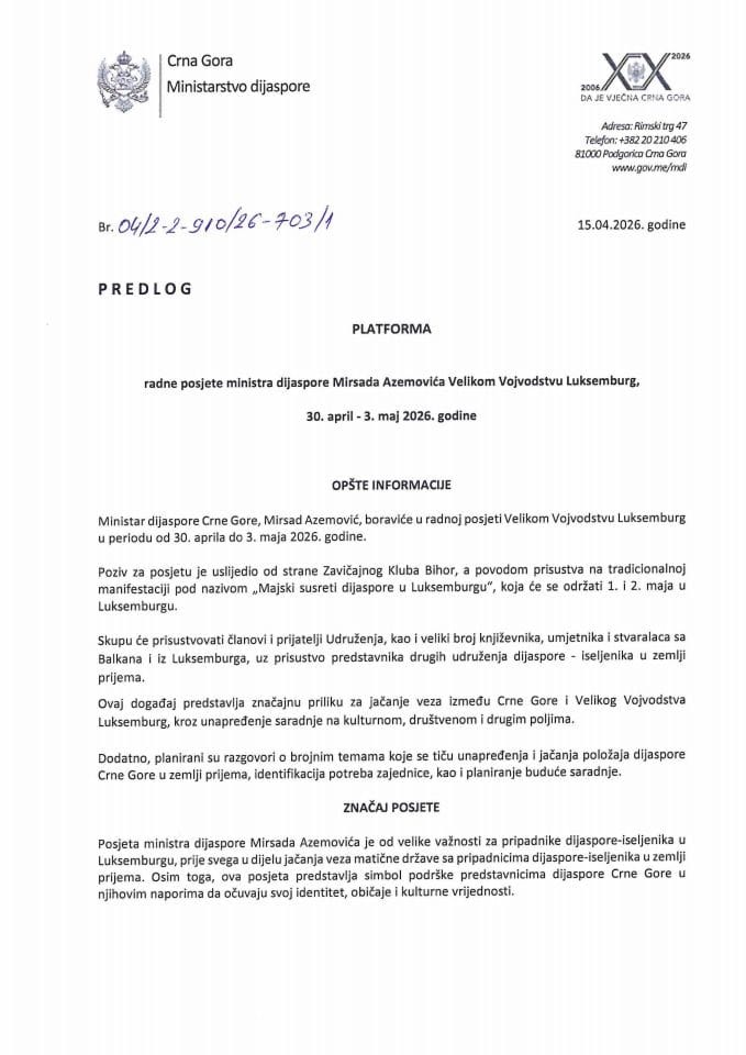 Predlog platforme radne posjete ministra dijaspore Mirsada Azemovića Velikom Vojvodstvu Luksemburg, 30. april - 3. maj 2026. godine