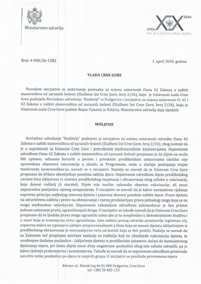 Predlog mišljenja na Inicijativu za pokretanje postupka za ocjenu ustavnosti člana 42 Zakona o zaštiti stanovništva od zaraznih bolesti („Službeni list CG“, broj 2/26) koju je podnijelo Nevladino udruženje „Roditelji“, iz Podgorice