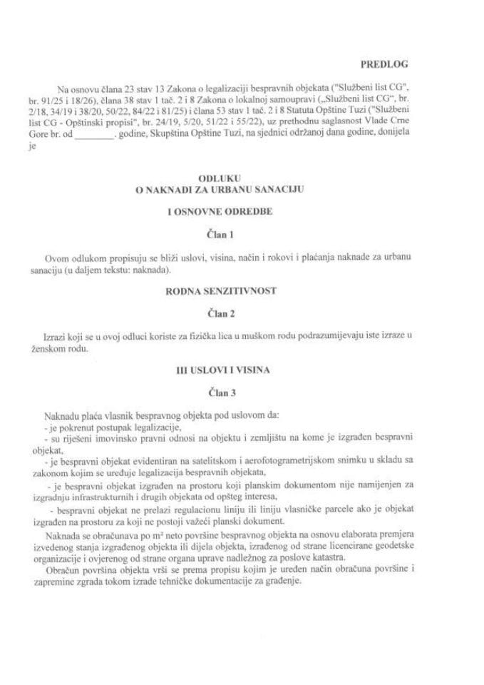 Predlog odluke o naknadi za urbanu sanaciju Opštine Tuzi
