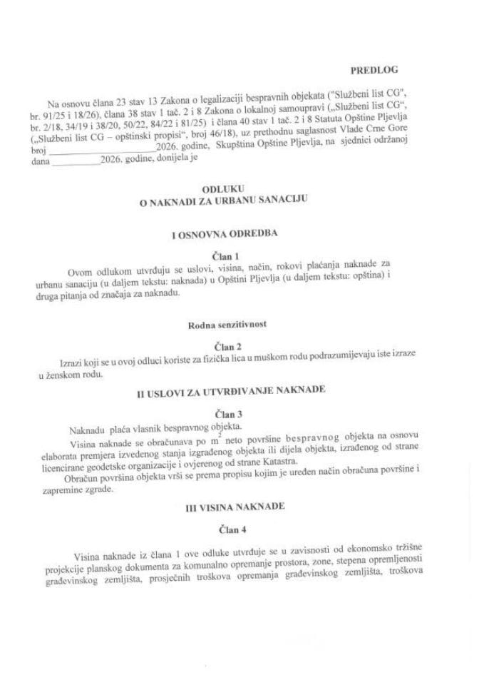 Predlog odluke o naknadi za urbanu sanaciju Opštine Pljevlja