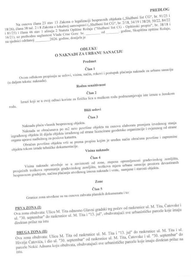 Predlog odluke o naknadi za urbanu sanaciju Opštine Rožaje