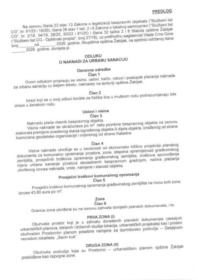 Predlog odluke o naknadi za urbanu sanaciju Opštine Žabljak