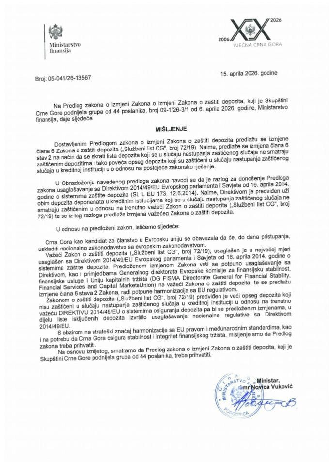 Predlog mišljenja na Predlog zakona o izmjeni Zakona o zaštiti depozita, koji je podnijela grupa od 44 poslanika