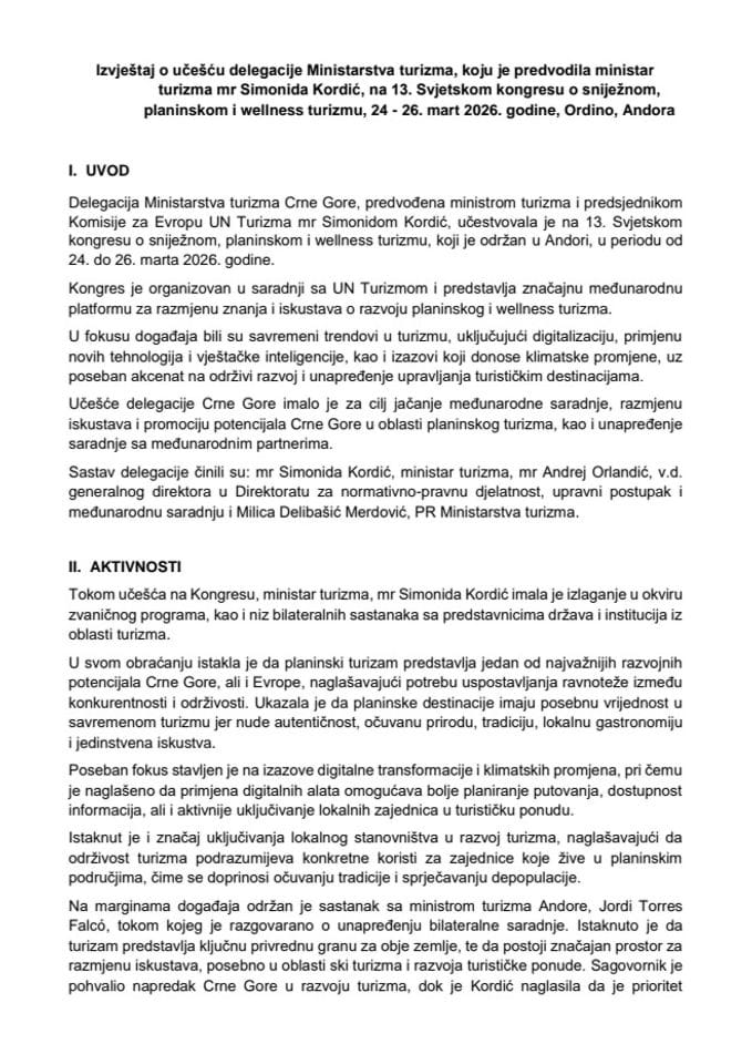 Izvještaj o učešću delegacije Ministarstva turizma, koju je predvodila ministarka turizma mr Simonida Kordić, na 13. Svjetskom kongresu o sniježnom, planinskom i wellness turizmu, 24 - 26. mart 2026. godine, Ordino, Andora
