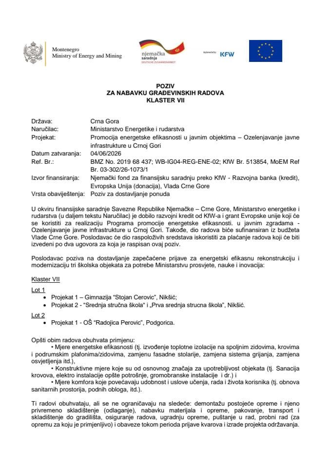Javni poziv za dostavljanje ponuda za tender za izvođenje radova na primjeni mjera energetske efikasnosti za Klaster VII
