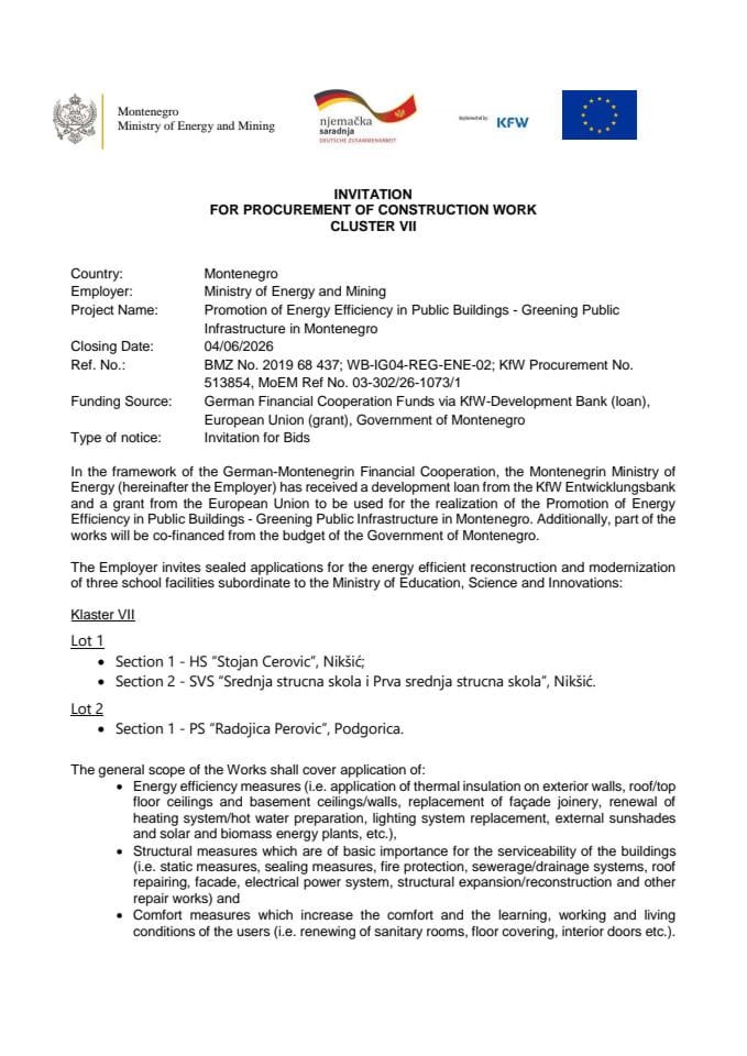 Invitation for procurement of construction works for works for application of energy efficiency measures in following buildings: Klaster VII