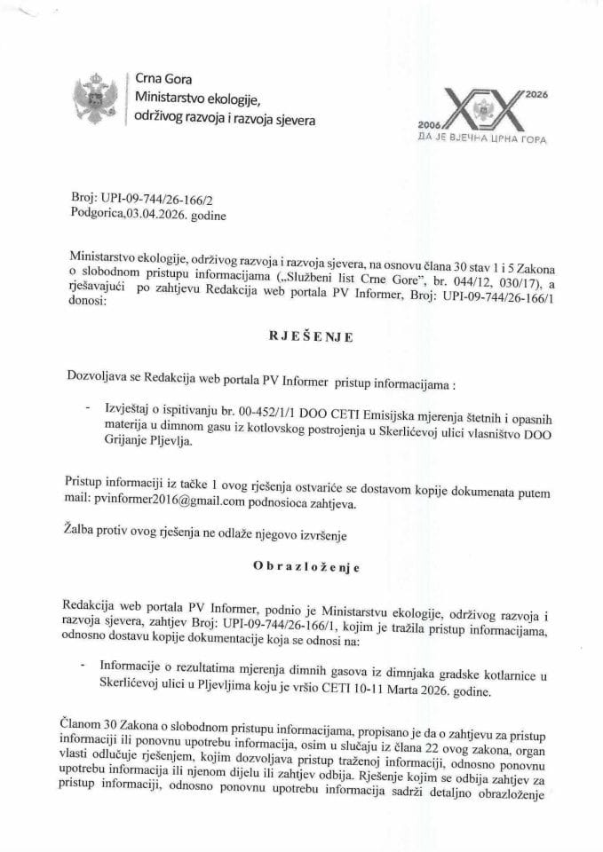 Rješenje po zahtjevu NVO MANS br. UPI-09-744-26-167-1 od 02.04.2026. godine.