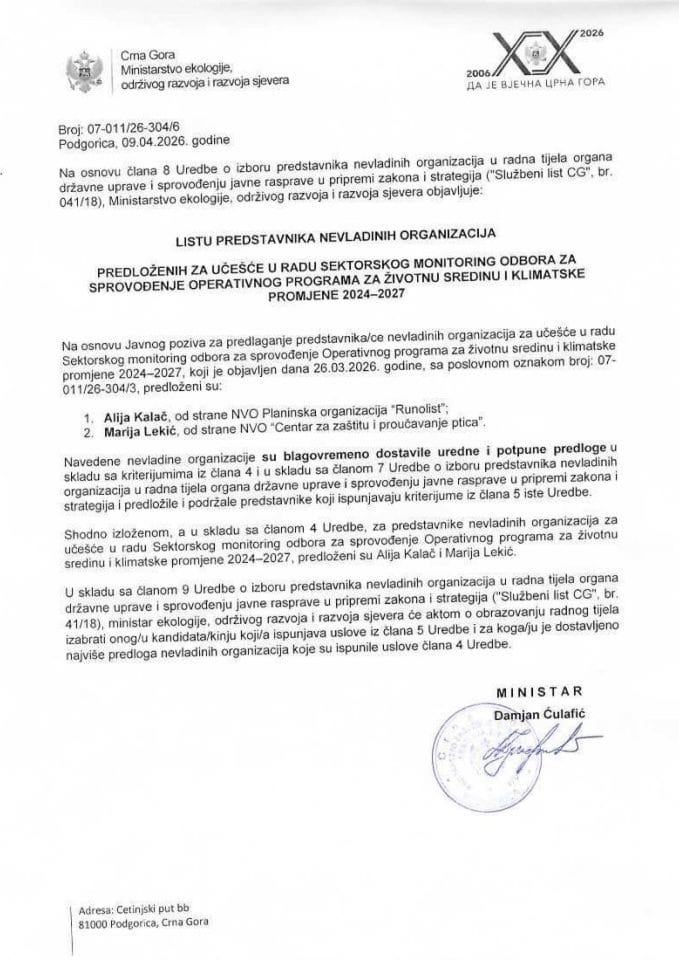 Листа представника НВО предложених за учешће у раду Секторског мониторинг одбора за спровођење ОП ИПА 2024–2027