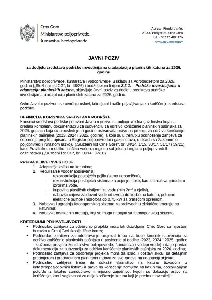 Javni poziv za dodjelu sredstava podrške investicijama u adaptaciju planinskih katuna za 2026. godinu