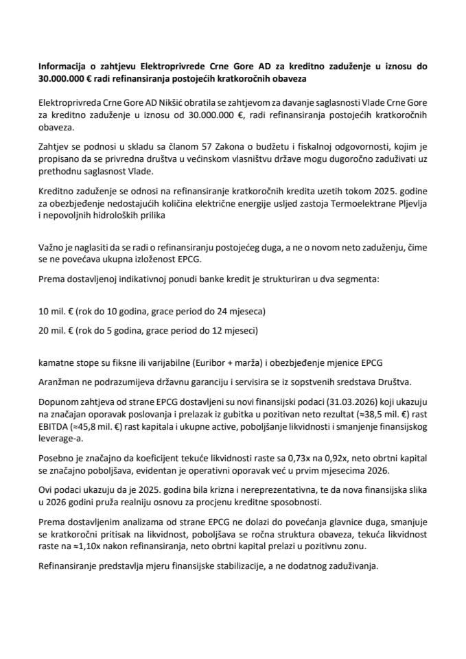 Informacija o zahtjevu Elektroprivrede Crne Gore AD za kreditno zaduženje u iznosu do 30.000.000 € radi refinansiranja postojećih kratkoročnih obaveza