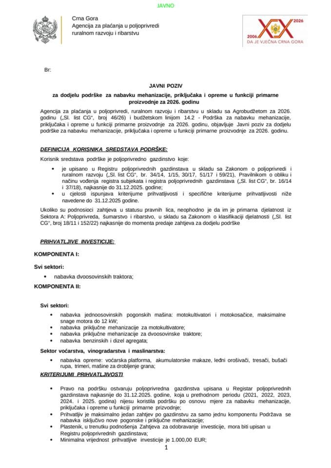 Javni poziv za dodjelu podrške za nabavku mehanizacije, priključaka i opreme u funkciji primarne proizvodnje za 2026. godinu