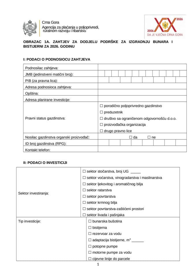 Obrazac zahtjeva za dodjelu podrške JP Bunari 2026