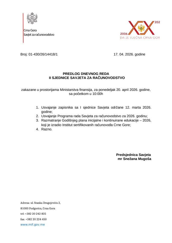 Predlog dnevnog reda druge sjednice Savjeta za računovodstvo