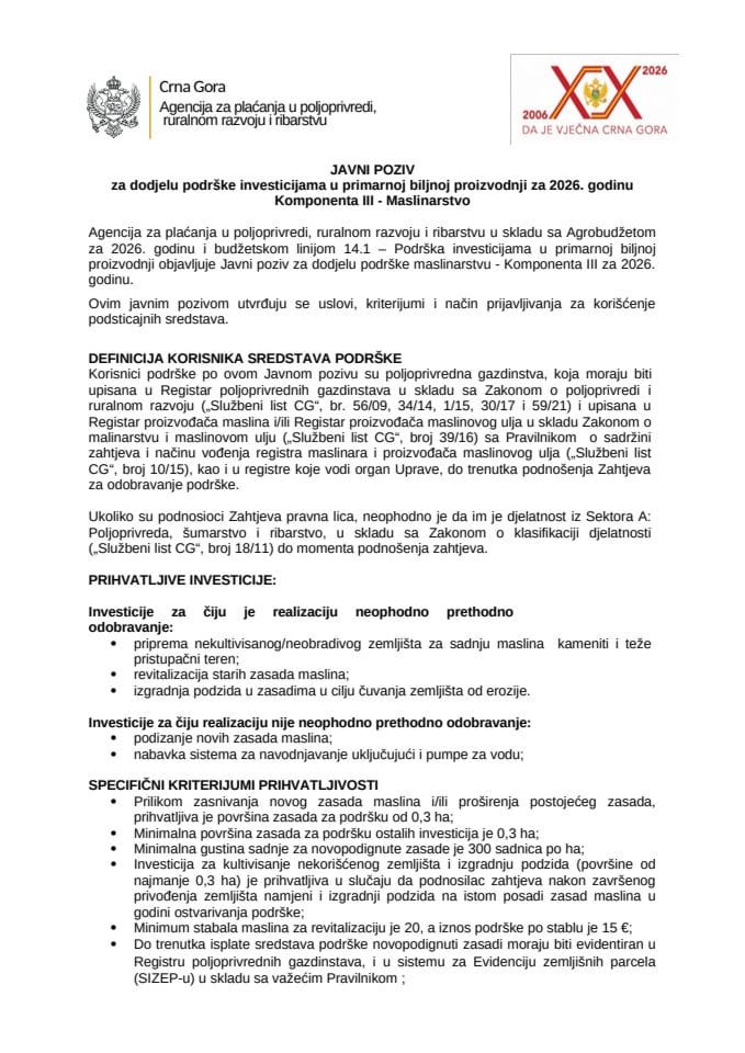 Јавни позив за додјелу подршке инвестицијама у примарној биљној производњи за 2026. годину - Компонента ИИИ – маслинарство