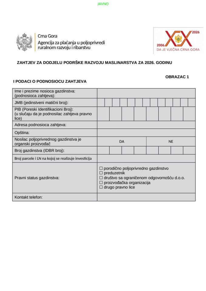 Образац 1-Захтјев за додјелу подршке за маслинарство 2026. годину
