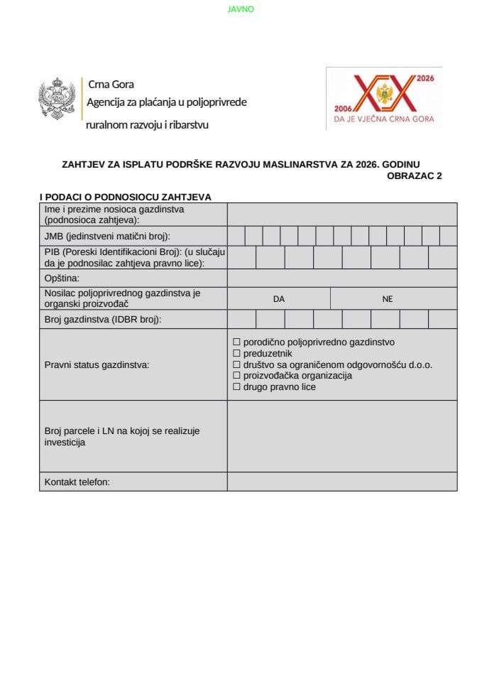 Образац 2- Захтјев за исплату подршке развоју маслинарства за 2026. годину