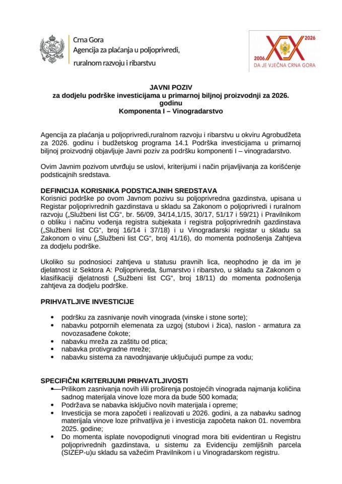 Javni poziv za dodjelu podrške investicijama u primarnoj biljnoj proizvodnji za 2026. godinu - Komponenta I – Vinogradarstvo